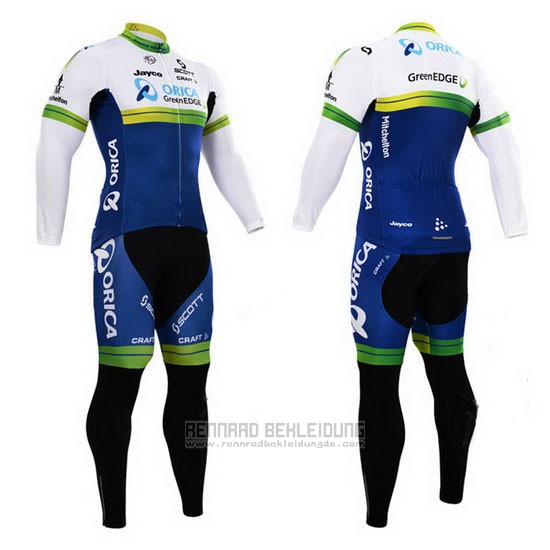 2015 Fahrradbekleidung Orica GreenEDGE Wei und Blau Trikot Langarm und Tragerhose